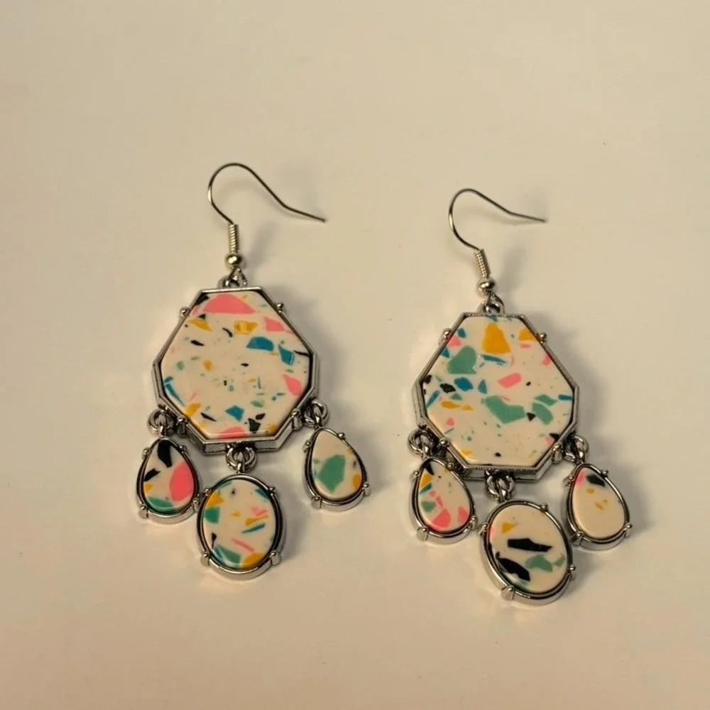 Earring Set Mauve Pink Tassel and Terrazzo Print Geometric‎ Drop Earrings